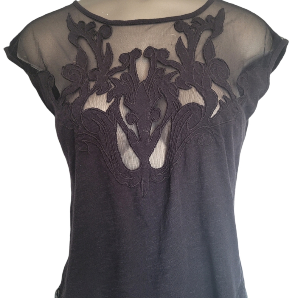 Zara Black Mesh Cut-Out Embroidered Cap Sleeve Crew Neck Small